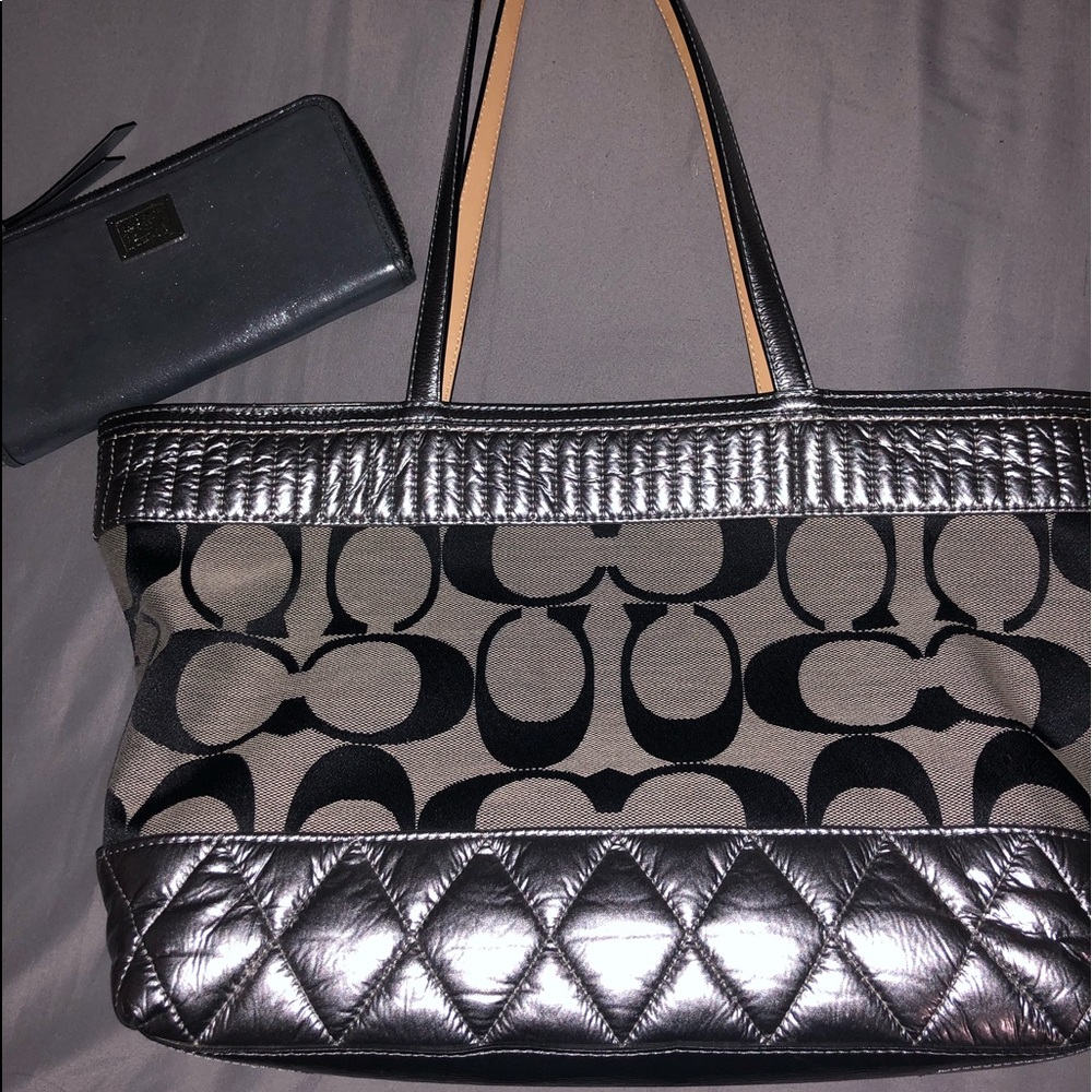 Silver Coach Poppy Purse With Matching Wallet Set